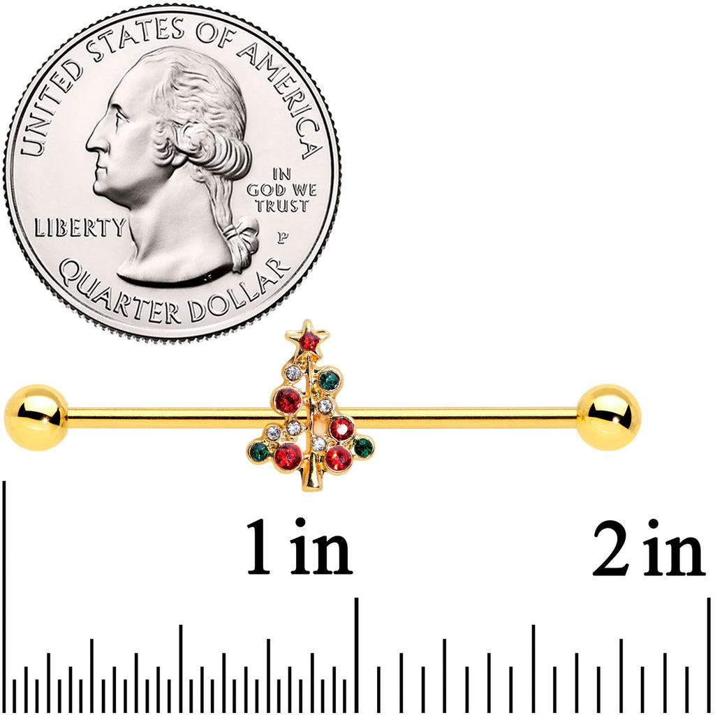 BodyCandy 14G Red Gem Gold Tone Christmas Tree Industrial Barbell 38mm — detail close-up