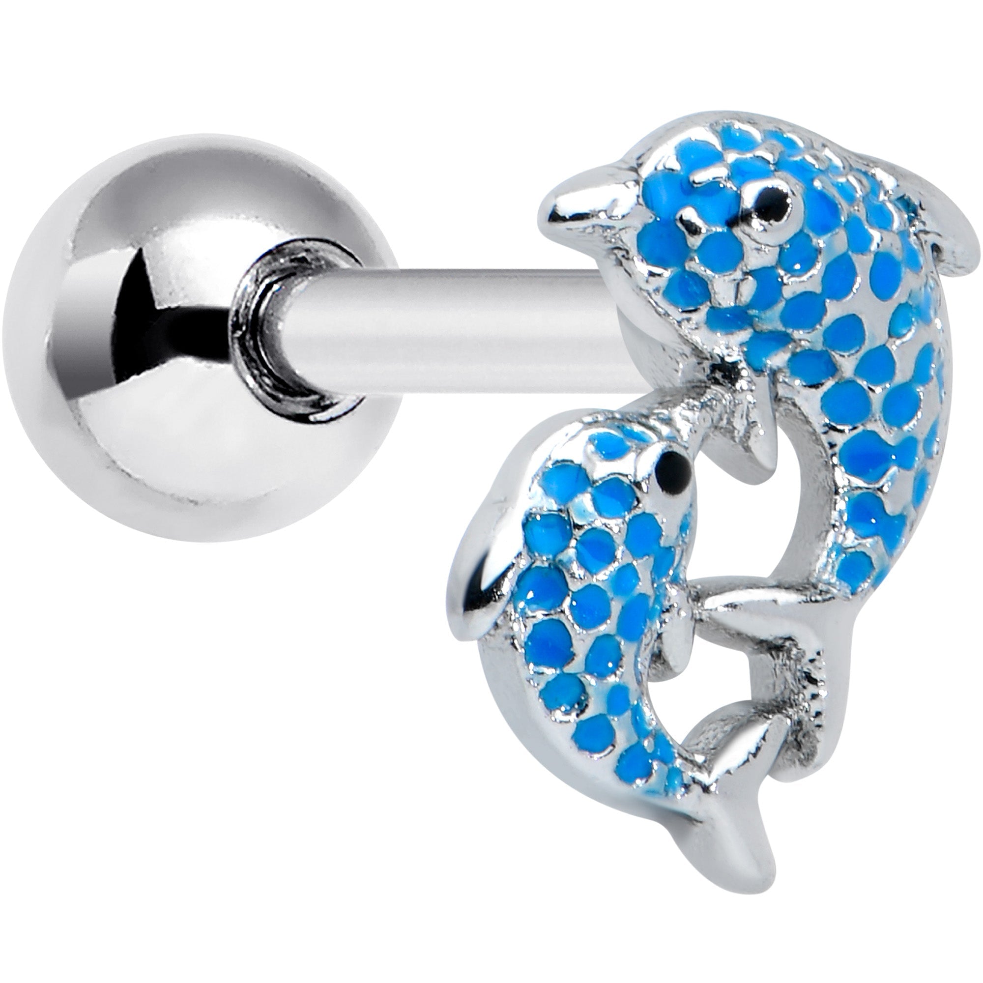 BodyCandy 16G 1/4 Black Gem Blue Leaping Dolphins Cartilage Tragus Earring — main product shot