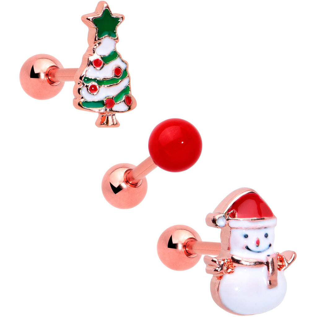 BodyCandy 16G 1/4 Red Gem Rose Gold Tone Snowman Christmas Tragus Set of 3 — main product shot