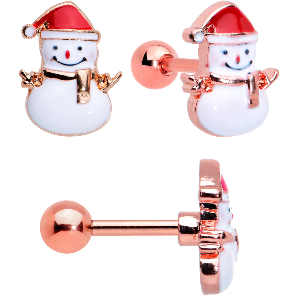 BodyCandy 16G 1/4 Red Gem Rose Gold Tone Snowman Christmas Tragus Set of 3 — detail close-up