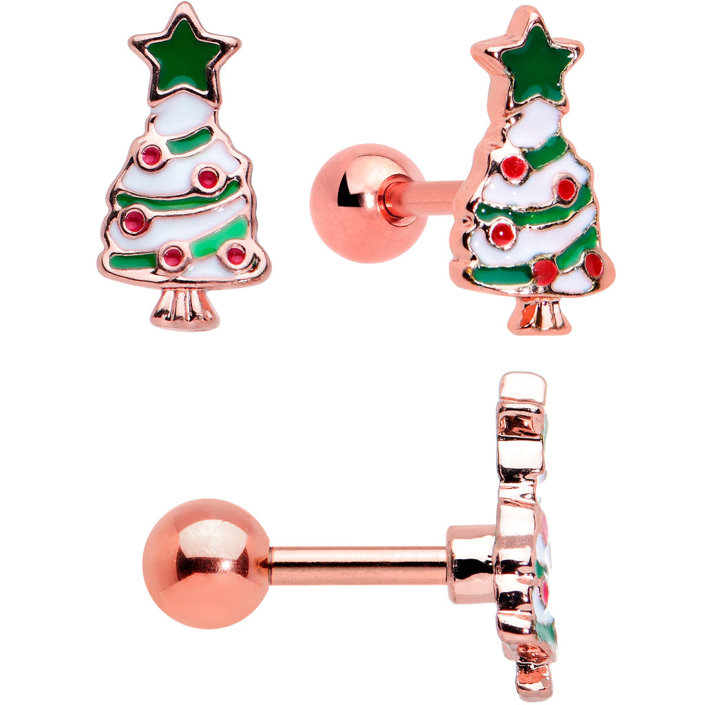 BodyCandy 16G 1/4 Red Gem Rose Gold Tone Snowman Christmas Tragus Set of 3 — side view