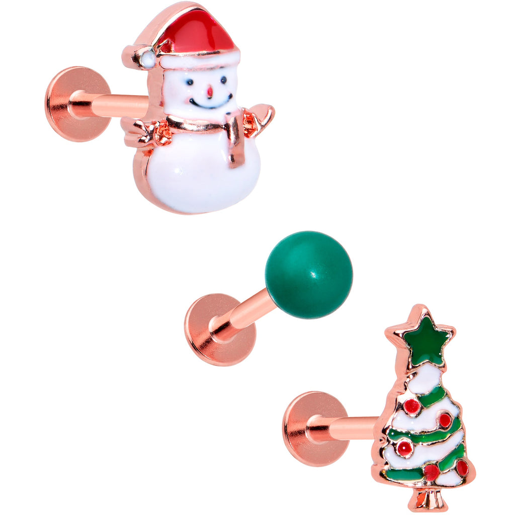 BodyCandy 16G 5/16 Red Gem Rose Gold Tone Snowman Christmas Labret Set of 3 — main product shot