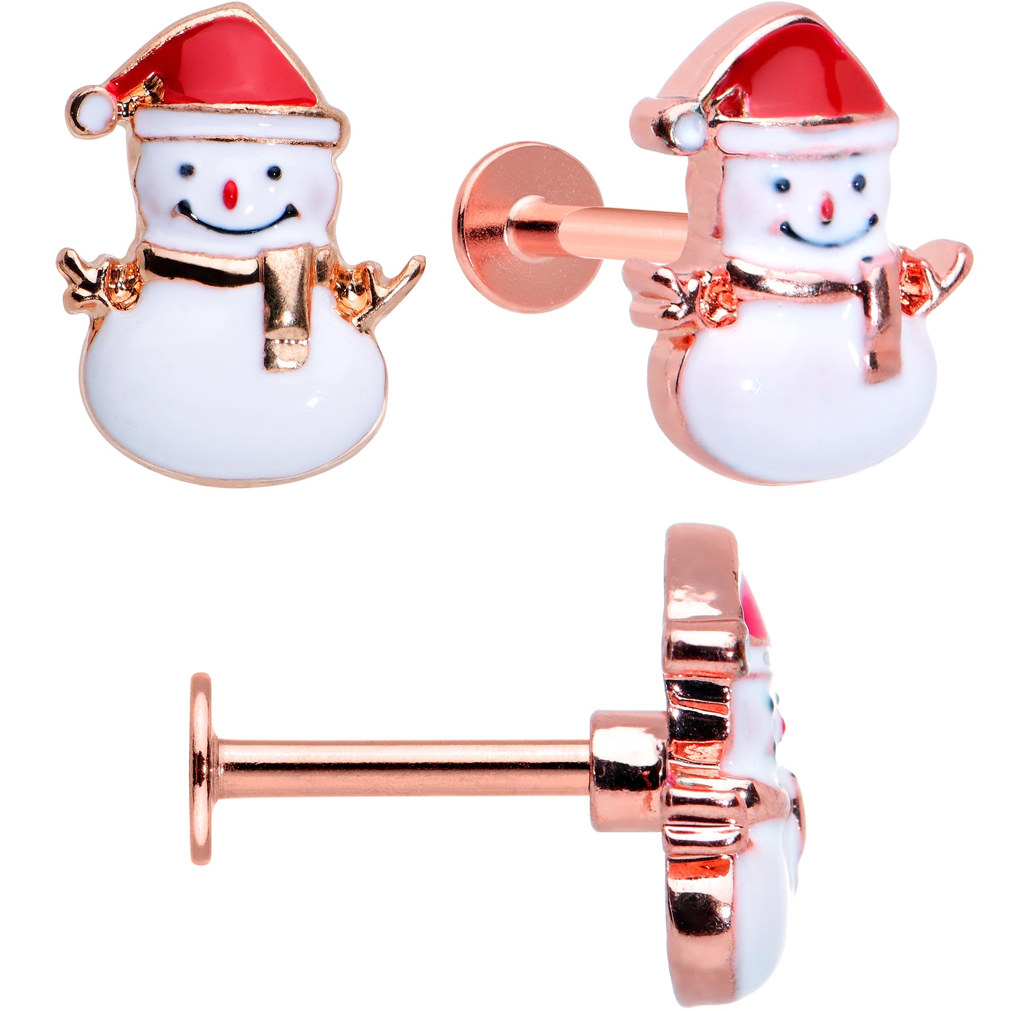 BodyCandy 16G 5/16 Red Gem Rose Gold Tone Snowman Christmas Labret Set of 3 — detail close-up