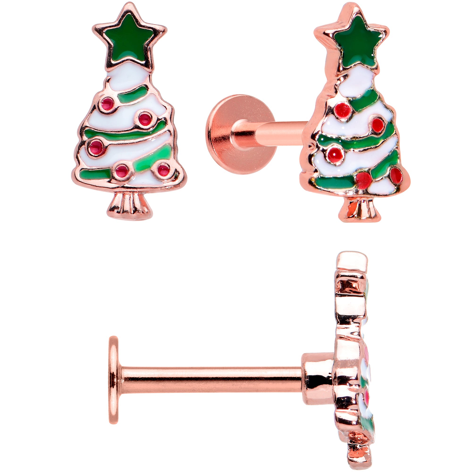 BodyCandy 16G 5/16 Red Gem Rose Gold Tone Snowman Christmas Labret Set of 3 — side view