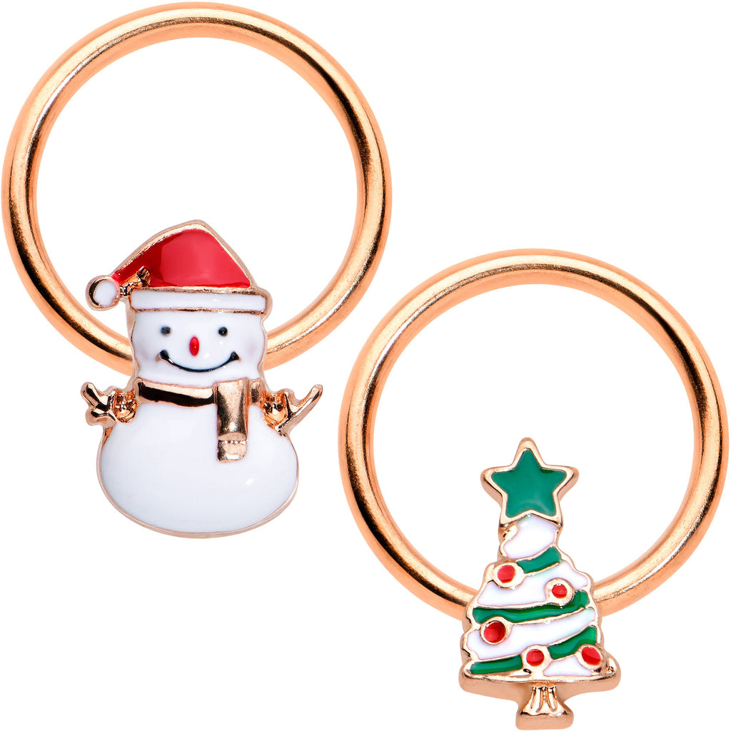 BodyCandy 16G 3/8 Rose Gold Tone Snowman Christmas BCR Horseshoe Set of 4 — detail close-up