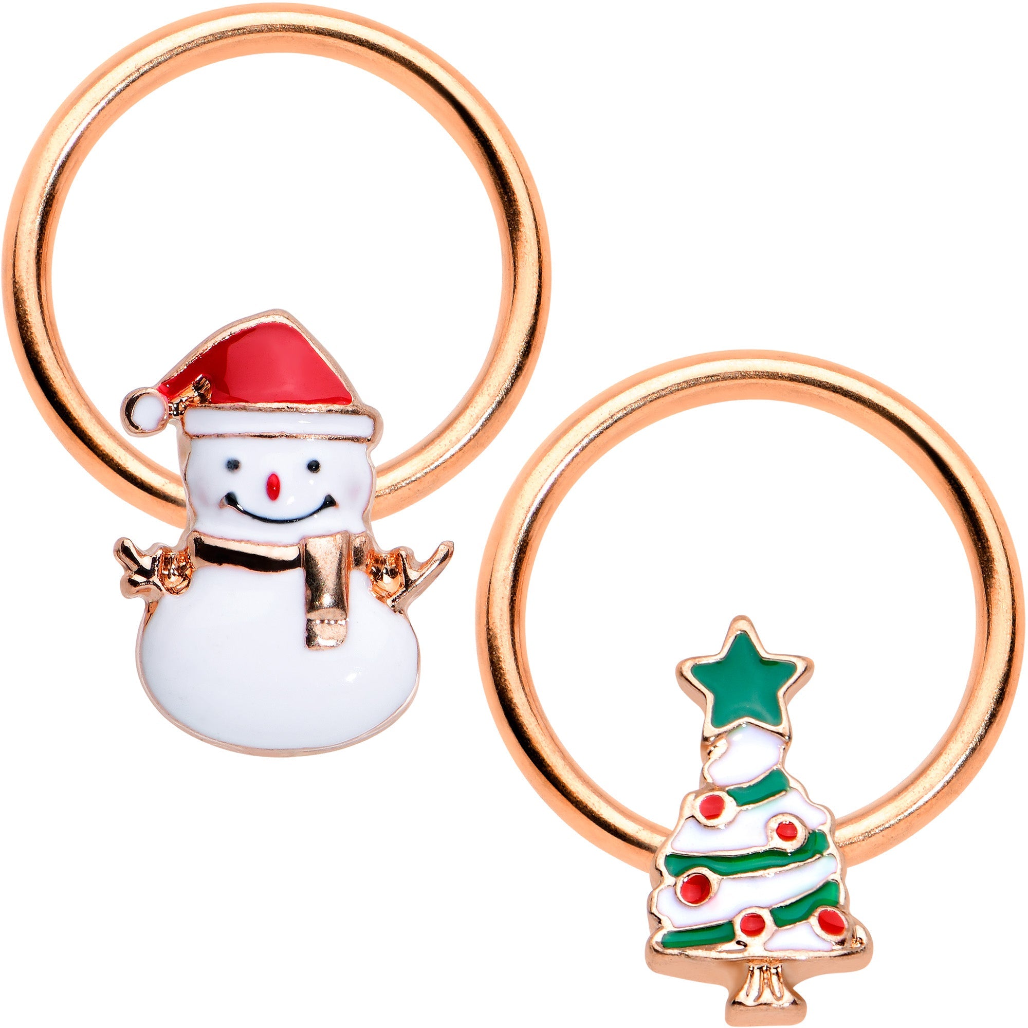 BodyCandy 16G 3/8 Rose Gold Tone Snowman Christmas BCR Horseshoe Set of 4 — detail close-up