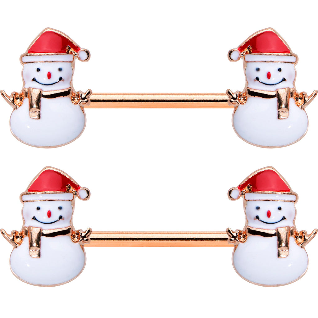 BodyCandy 14G 9/16 Rose Gold Tone Smiling Snowman Christmas Nipple Ring Set — detail close-up