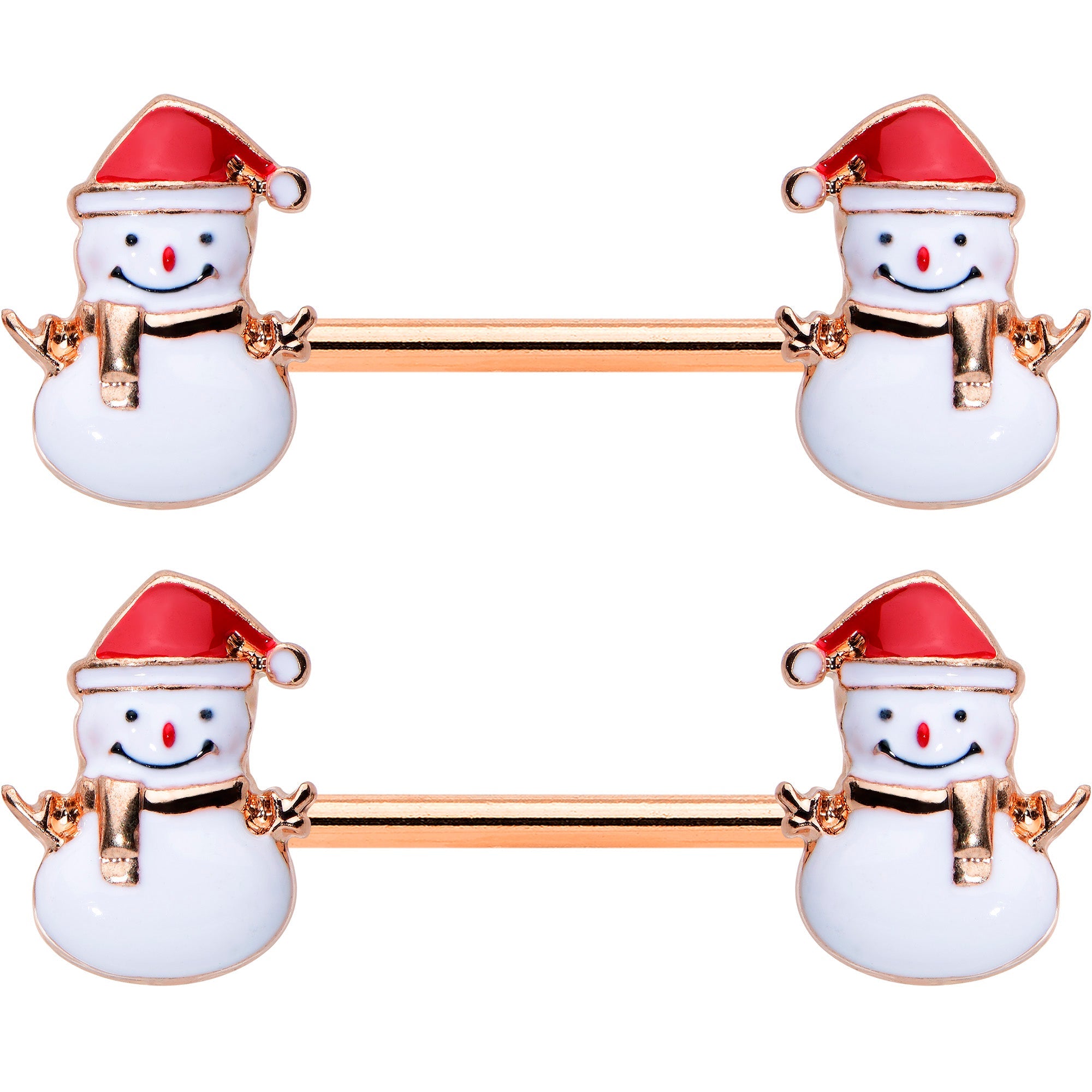 BodyCandy 14G 9/16 Rose Gold Tone Smiling Snowman Christmas Nipple Ring Set — detail close-up