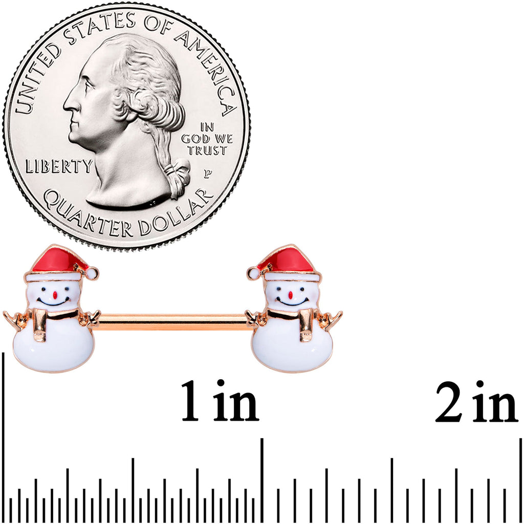 BodyCandy 14G 9/16 Rose Gold Tone Smiling Snowman Christmas Nipple Ring Set — lifestyle context