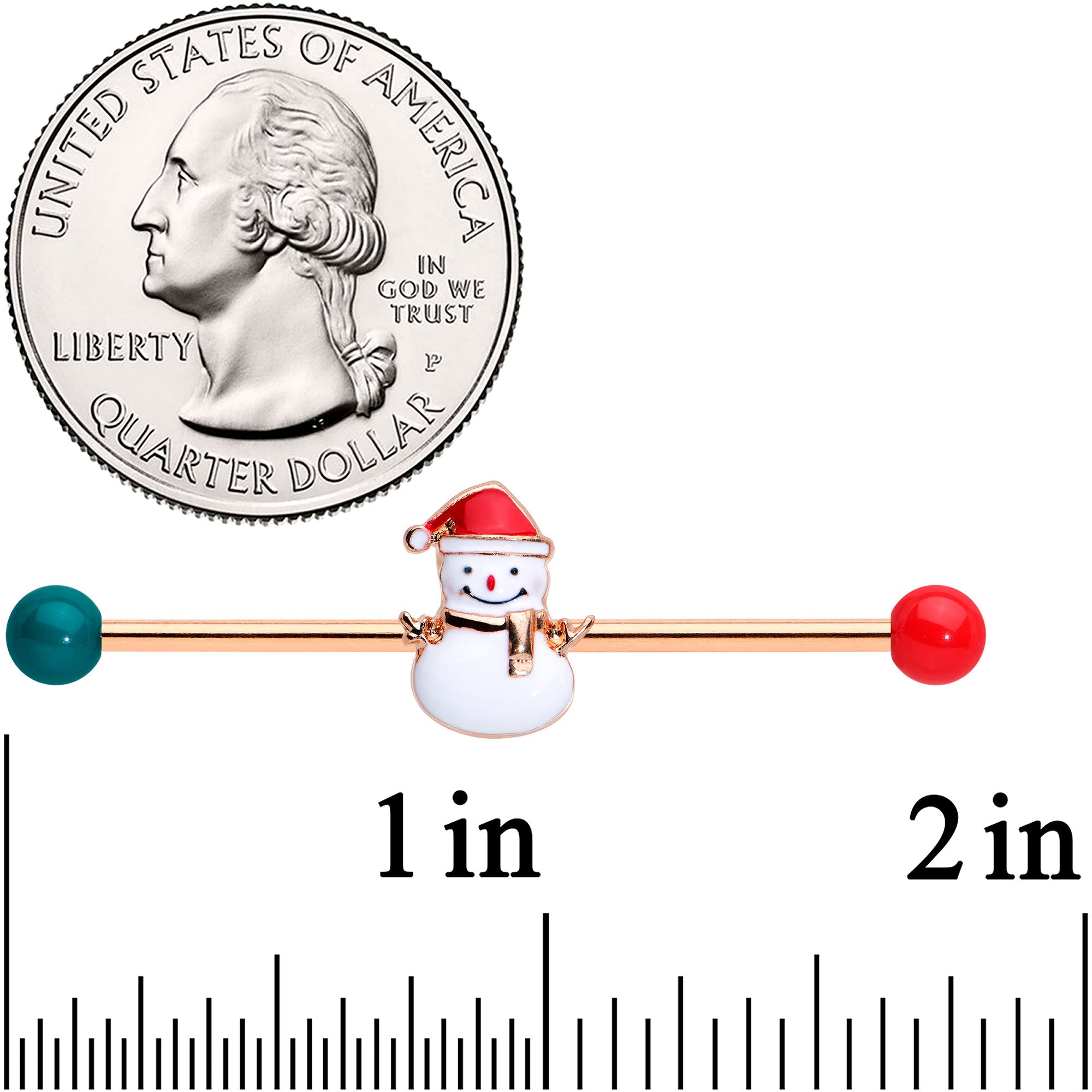 BodyCandy 14G Red Gem Snowman Christmas Industrial Barbell 38mm Set of 2 — side view