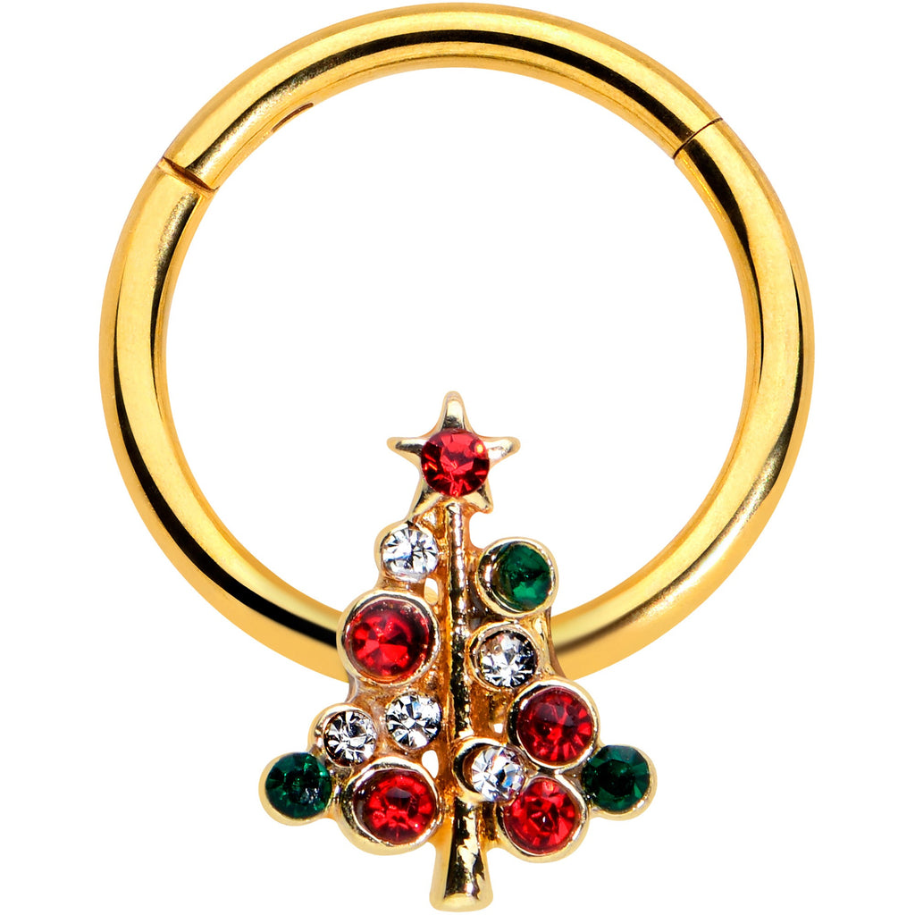 BodyCandy 16G 3/8 Dazzline Gem Gold Tone Christmas Tree Hinged Segment Ring — main product shot