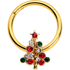 16G 3/8 Dazzline Gem Gold Tone Christmas Tree Hinged Segment Ring