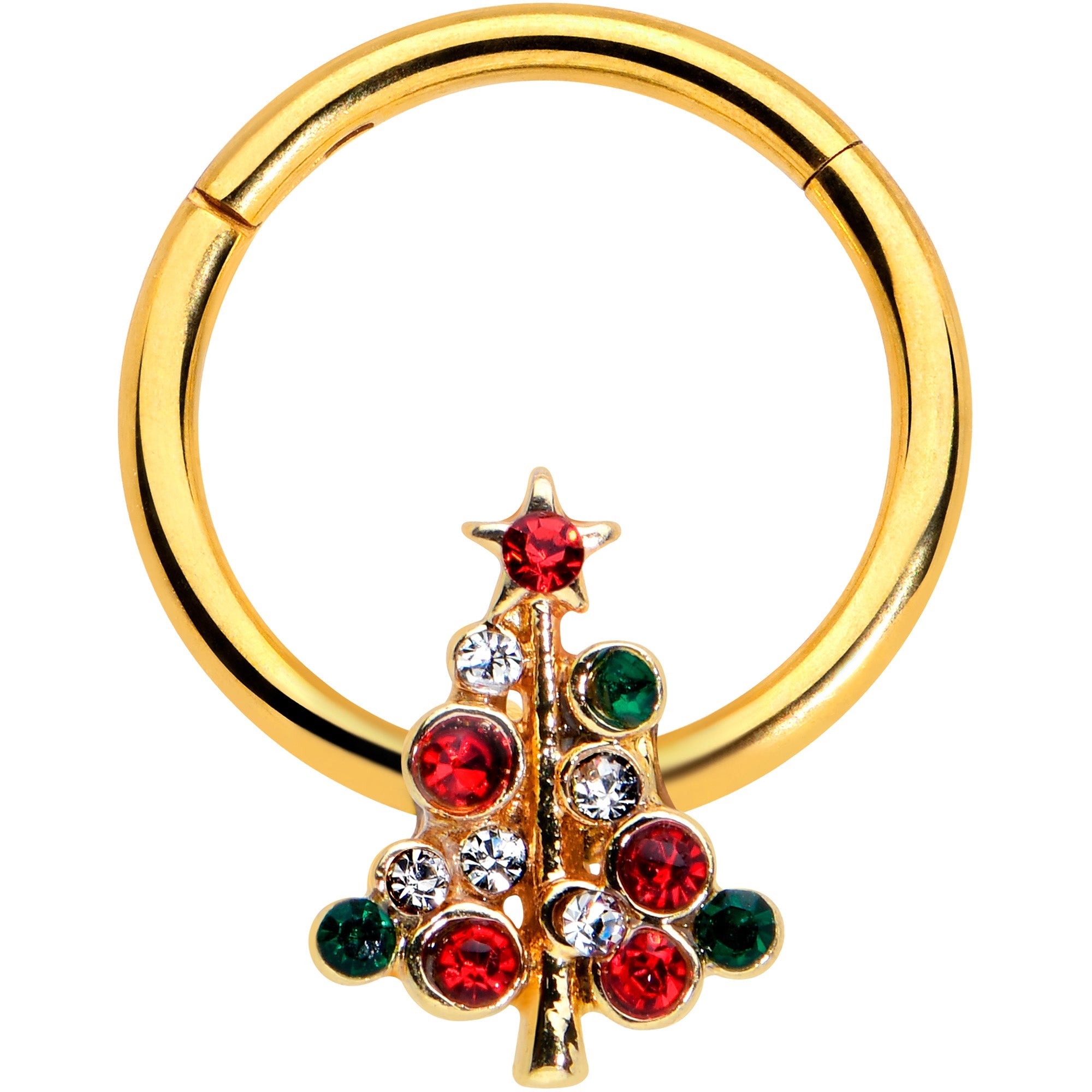 BodyCandy 16G 3/8 Dazzline Gem Gold Tone Christmas Tree Hinged Segment Ring — main product shot