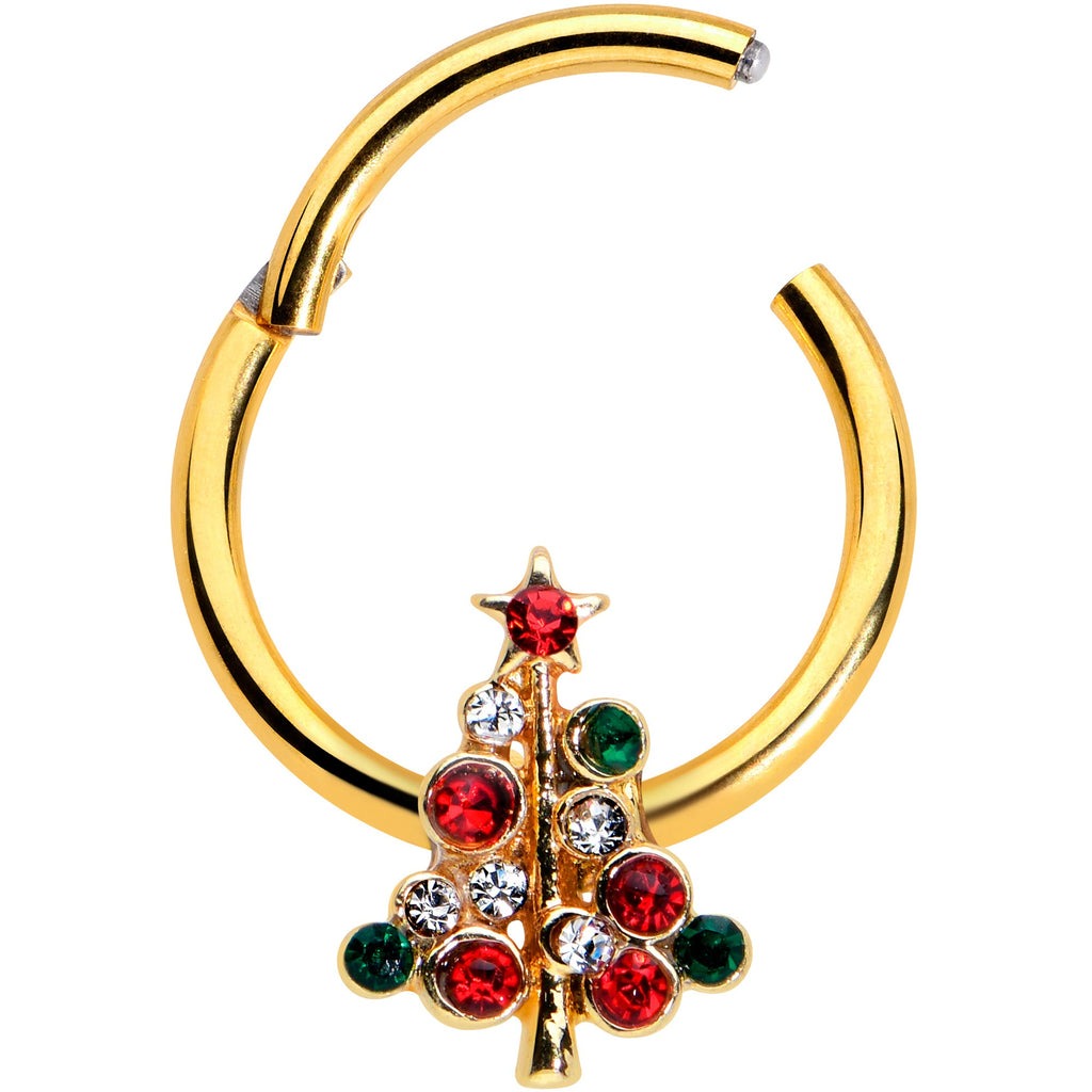 BodyCandy 16G 3/8 Dazzline Gem Gold Tone Christmas Tree Hinged Segment Ring — detail close-up