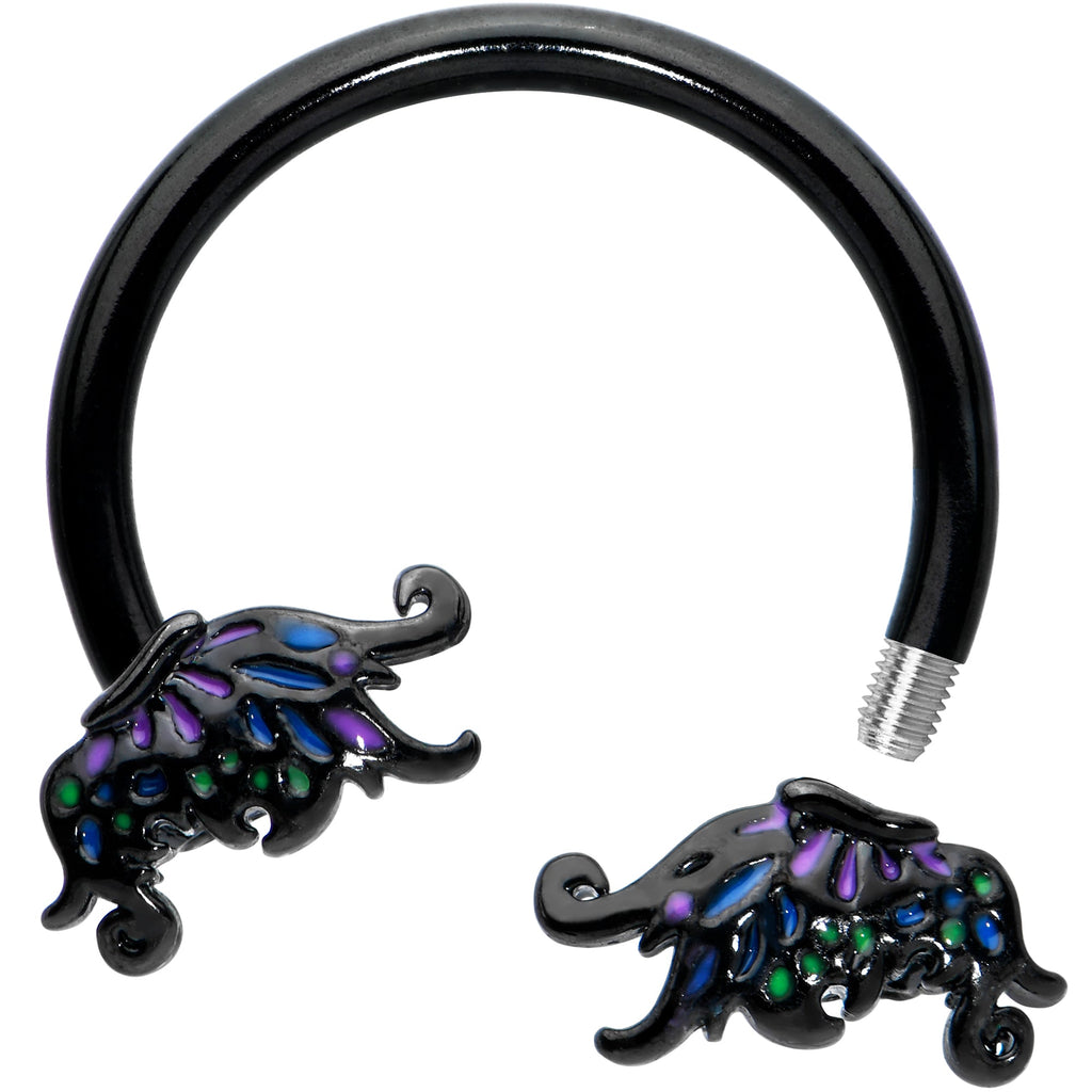 BodyCandy 16G 3/8 Black Fantasy Faerie Wings Horseshoe Circular Barbell — detail close-up