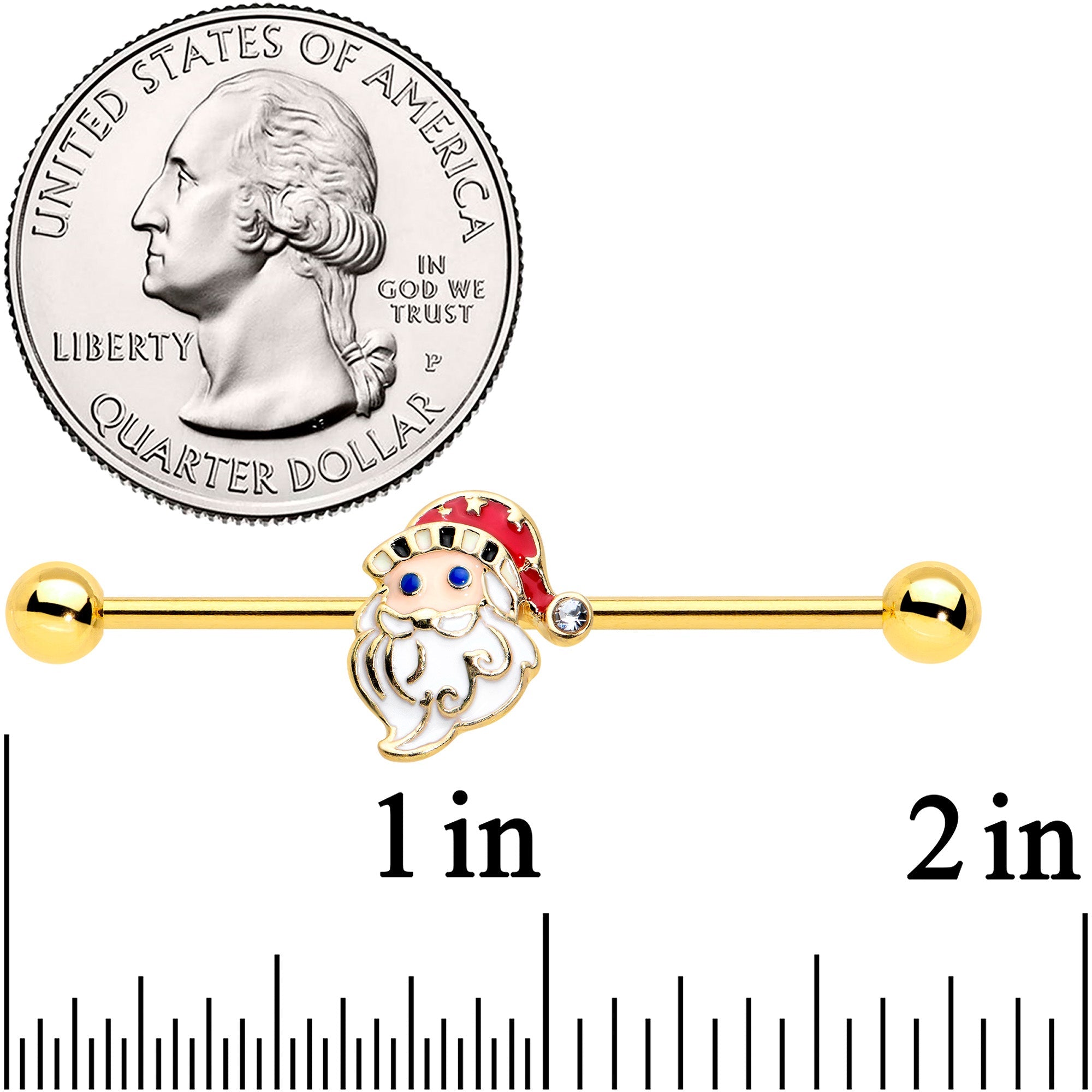 BodyCandy 14G Gold Tone Blue Eyed Santa Christmas Industrial Barbell 38mm — detail close-up