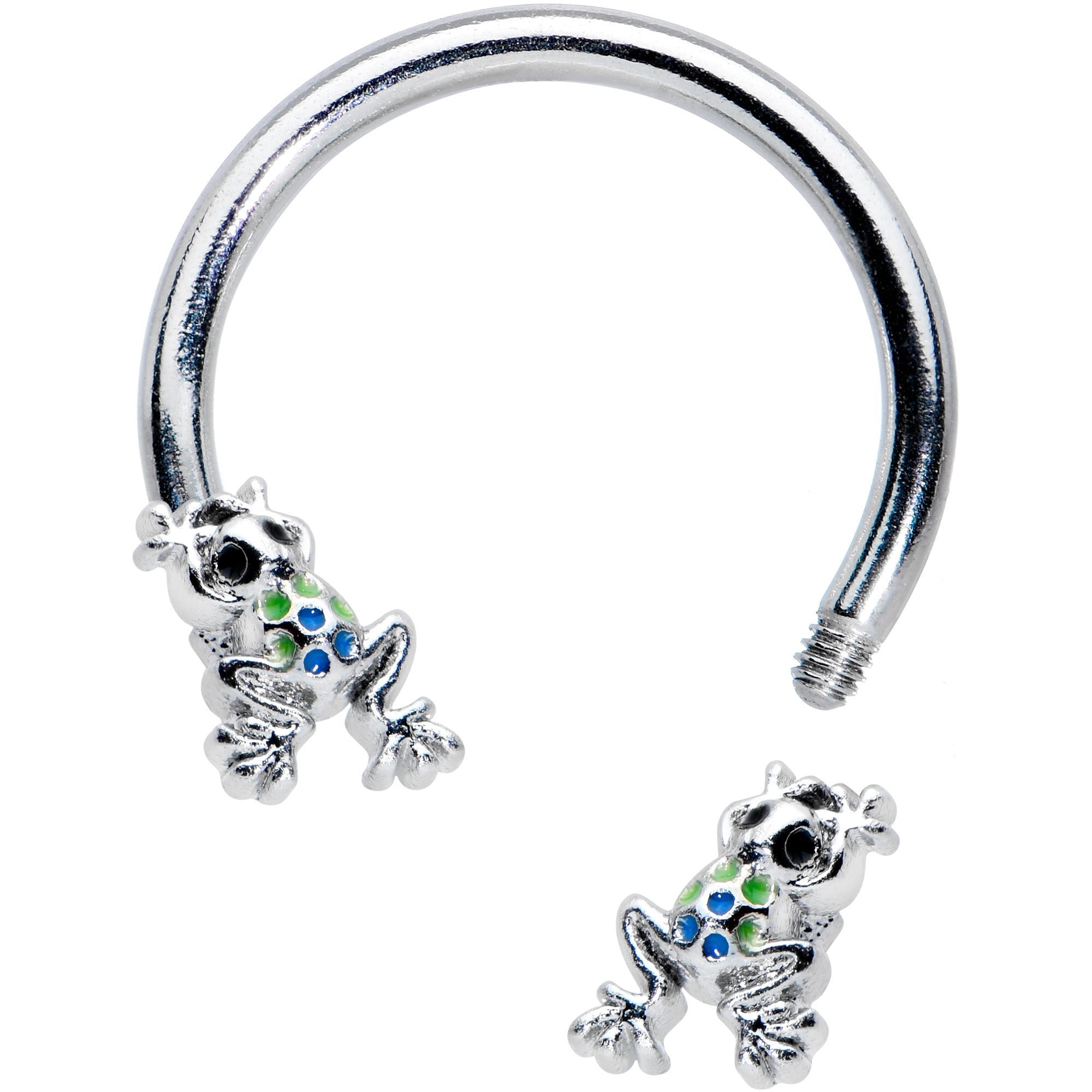 BodyCandy 16G 3/8 Black Gem Polka Dot Frogs Horseshoe Circular Barbell — detail close-up