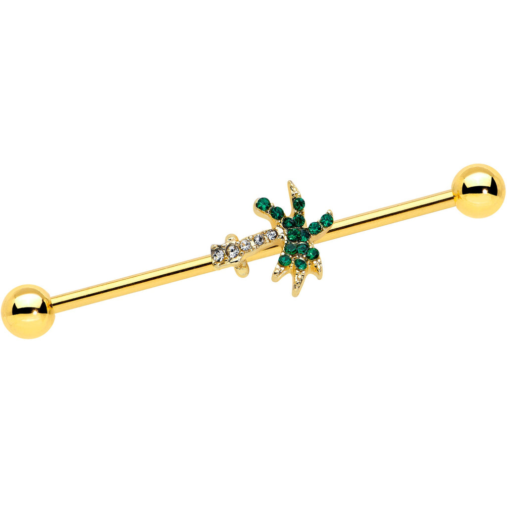 BodyCandy 14G Green Gem Gold Tone Tropic Palm Tree Industrial Barbell 38mm — main product shot