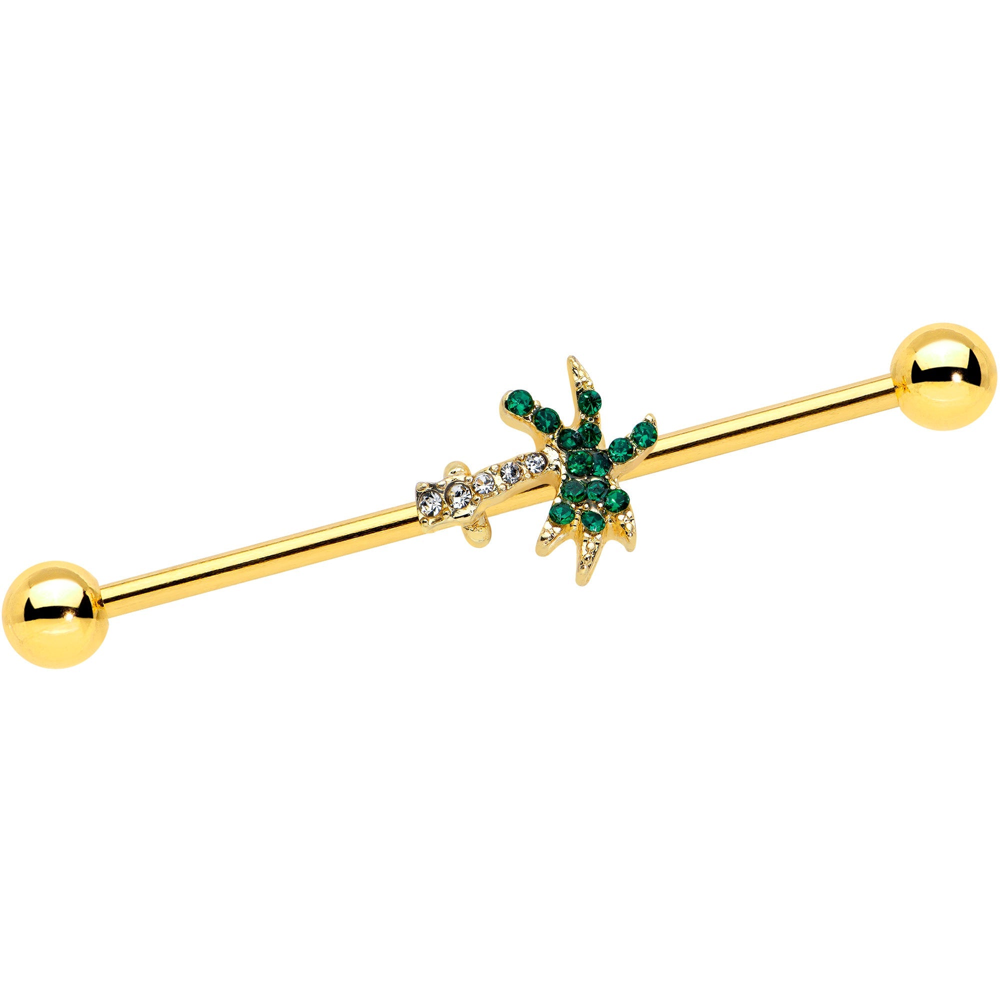 BodyCandy 14G Green Gem Gold Tone Tropic Palm Tree Industrial Barbell 38mm — main product shot