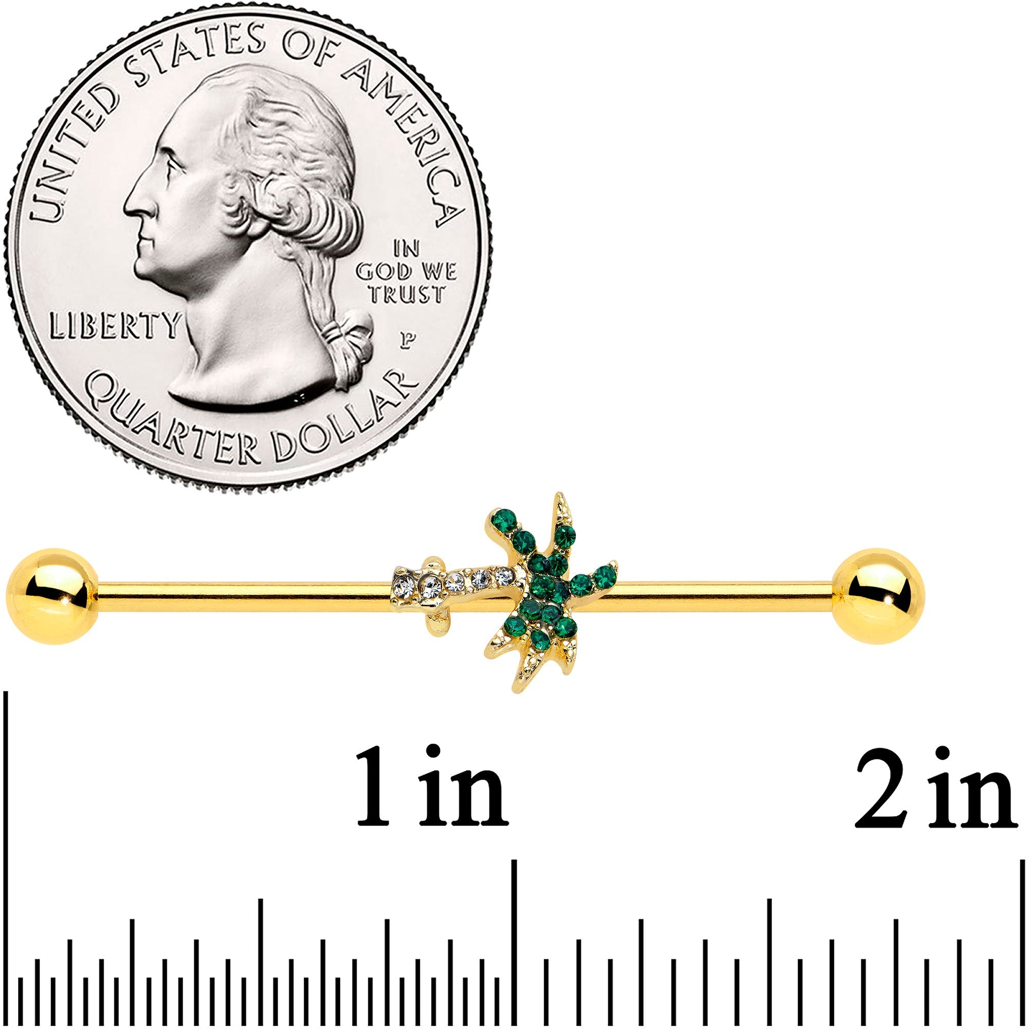 BodyCandy 14G Green Gem Gold Tone Tropic Palm Tree Industrial Barbell 38mm — detail close-up