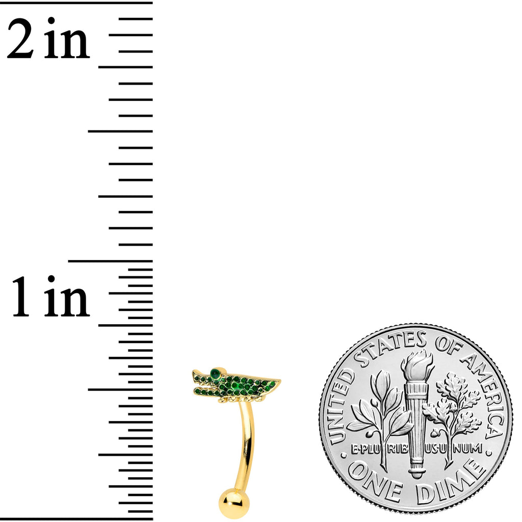 BodyCandy 16G 5/16 Green Gem Gold Tone Hungry Alligator Curved Eyebrow Ring — detail close-up