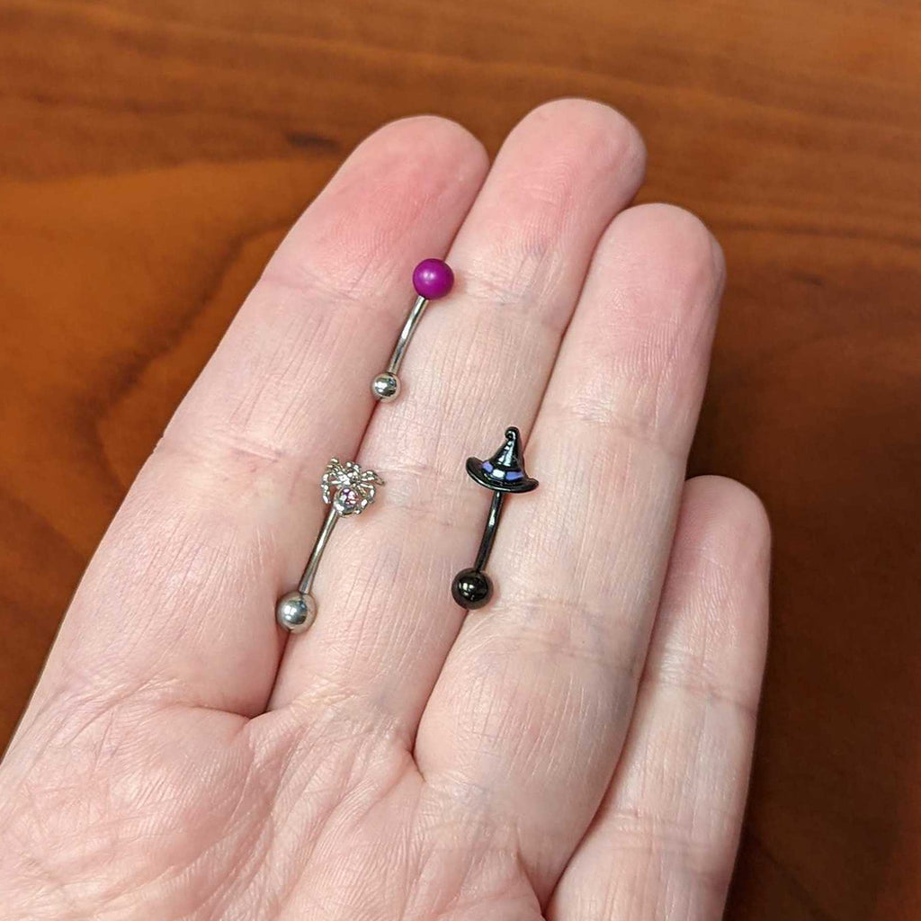 BodyCandy 16G 5/16 Pink Gem Black Spider Witch Curved Eyebrow Ring Set of 3 — alternative angle