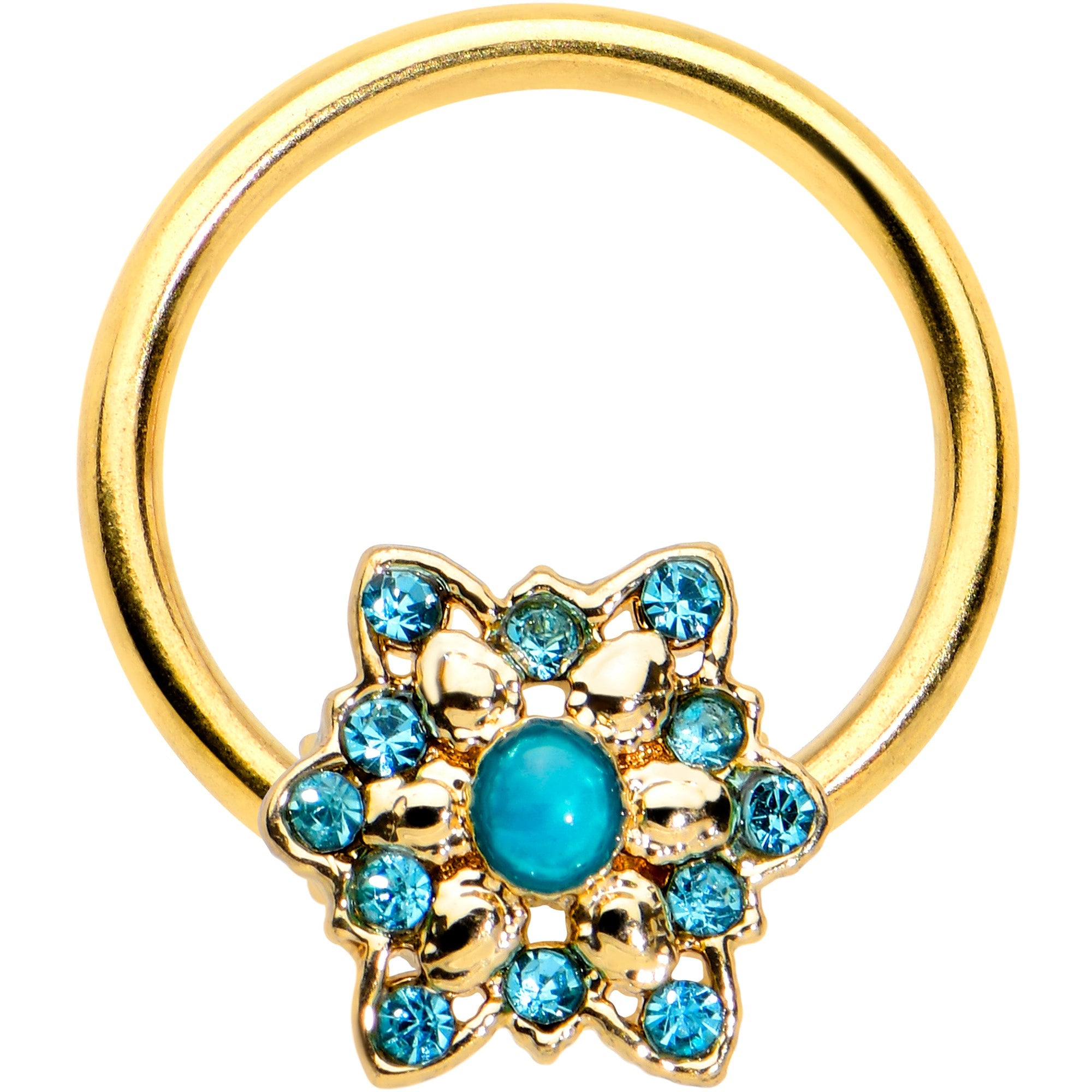BodyCandy 16G 3/8 Aqua Gem Gold Tone Snowflake Christmas BCR Captive Ring — main product shot