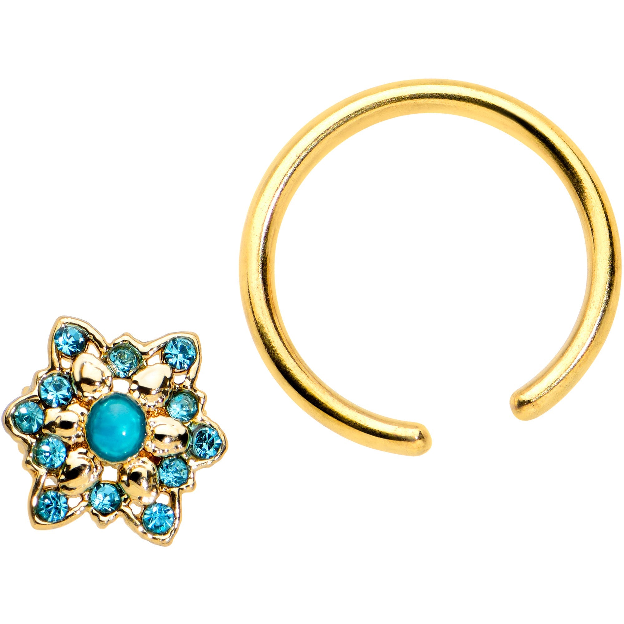 BodyCandy 16G 3/8 Aqua Gem Gold Tone Snowflake Christmas BCR Captive Ring — detail close-up