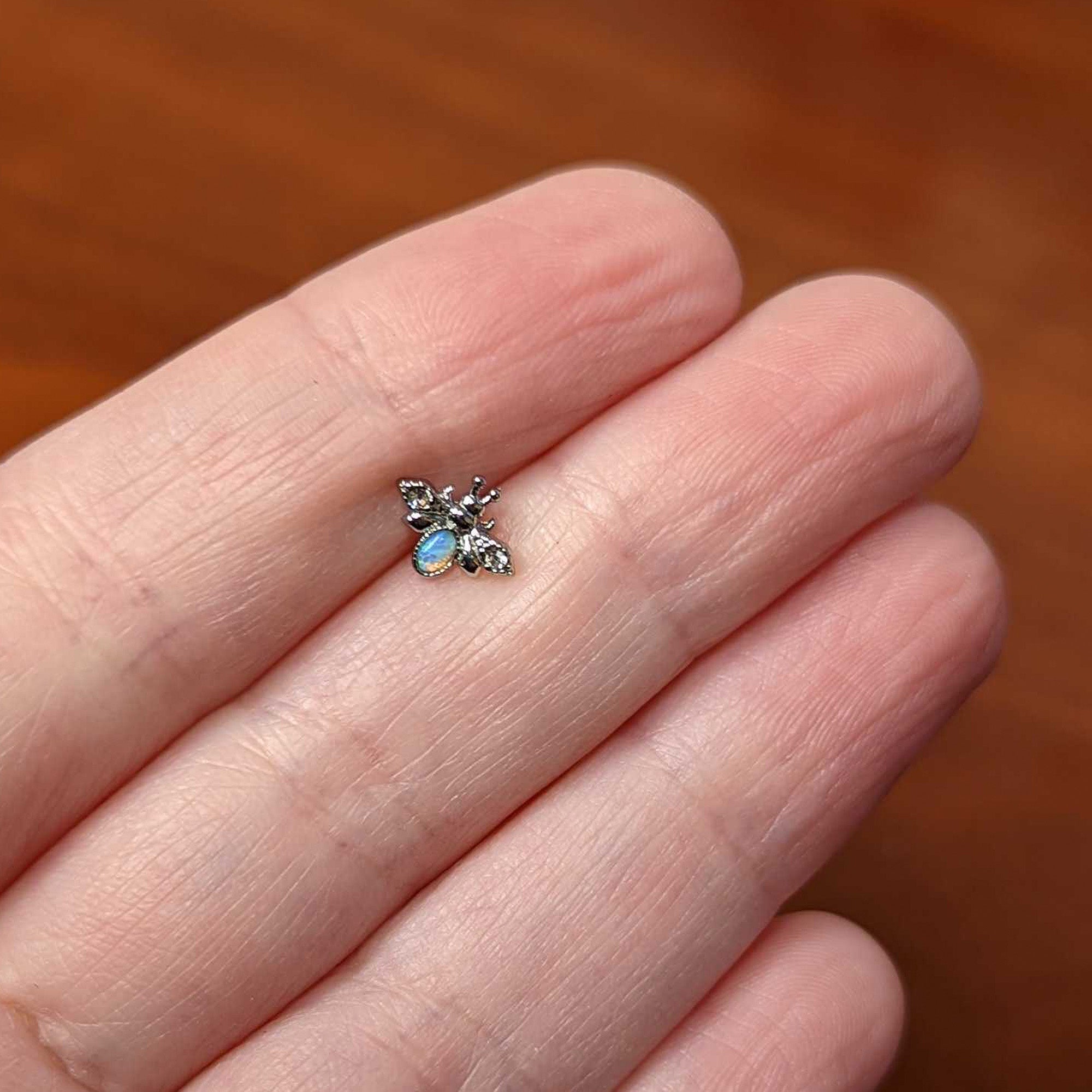 BodyCandy 16G 5/16 White Synthetic Opal Insect Labret Monroe Tragus — back view