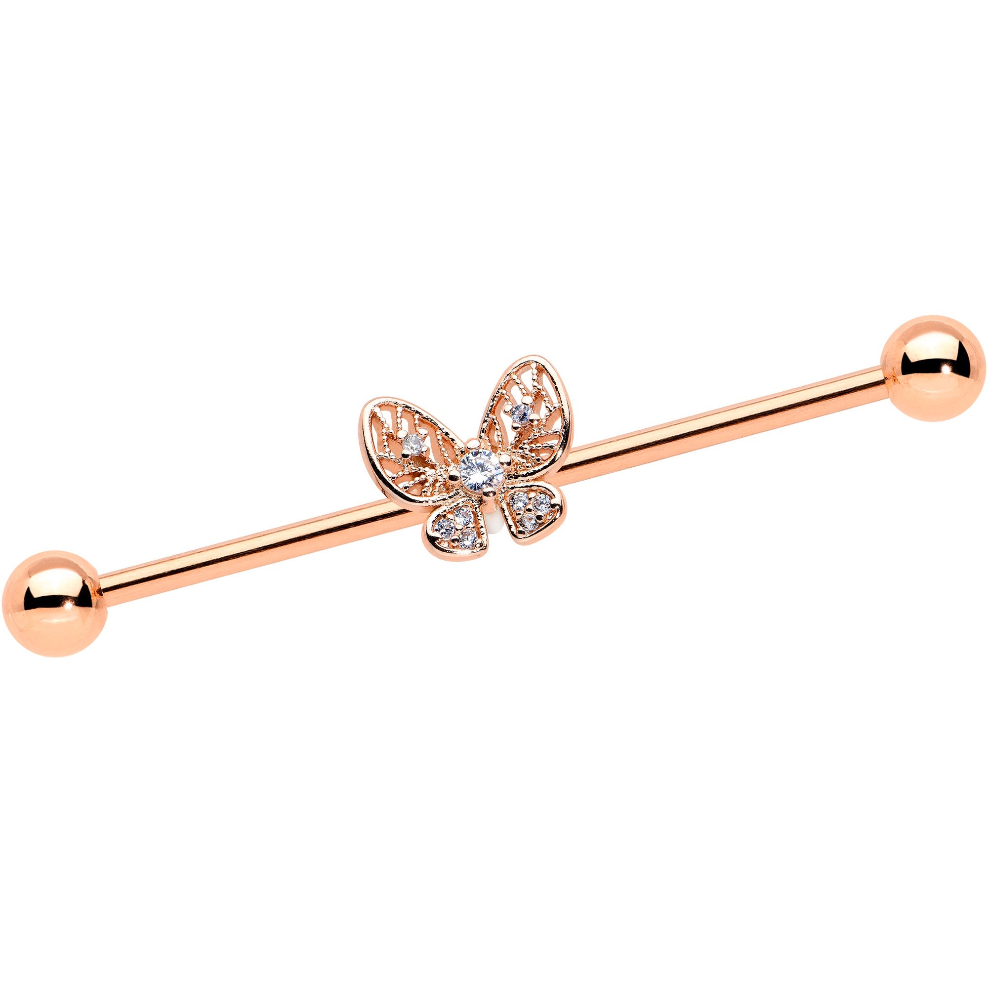 BodyCandy 14G Clear Rose Gold Tone Airy Butterfly Industrial Barbell 38mm — main product shot