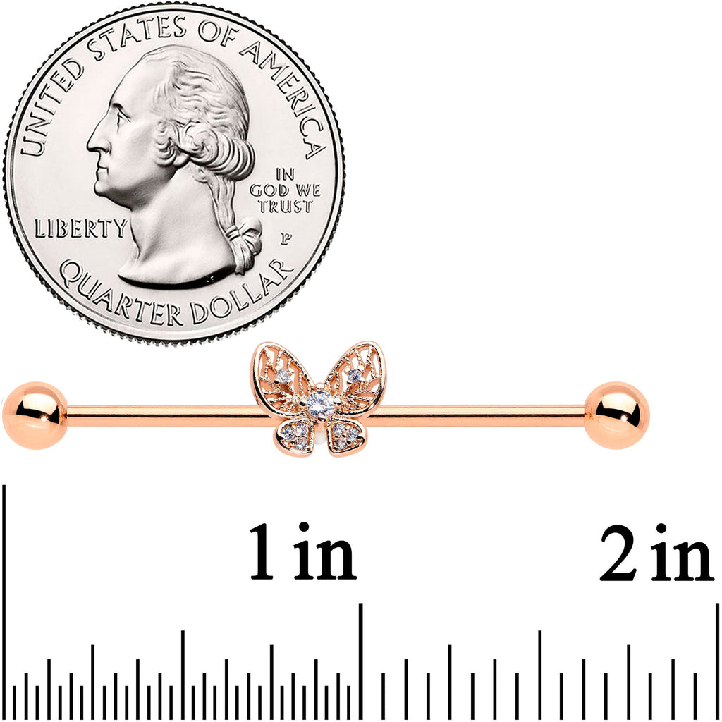 BodyCandy 14G Clear Rose Gold Tone Airy Butterfly Industrial Barbell 38mm — detail close-up