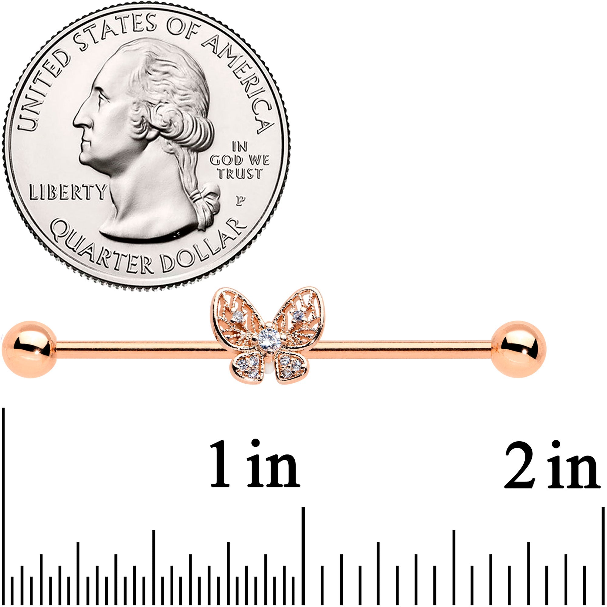 BodyCandy 14G Clear Rose Gold Tone Airy Butterfly Industrial Barbell 38mm — detail close-up