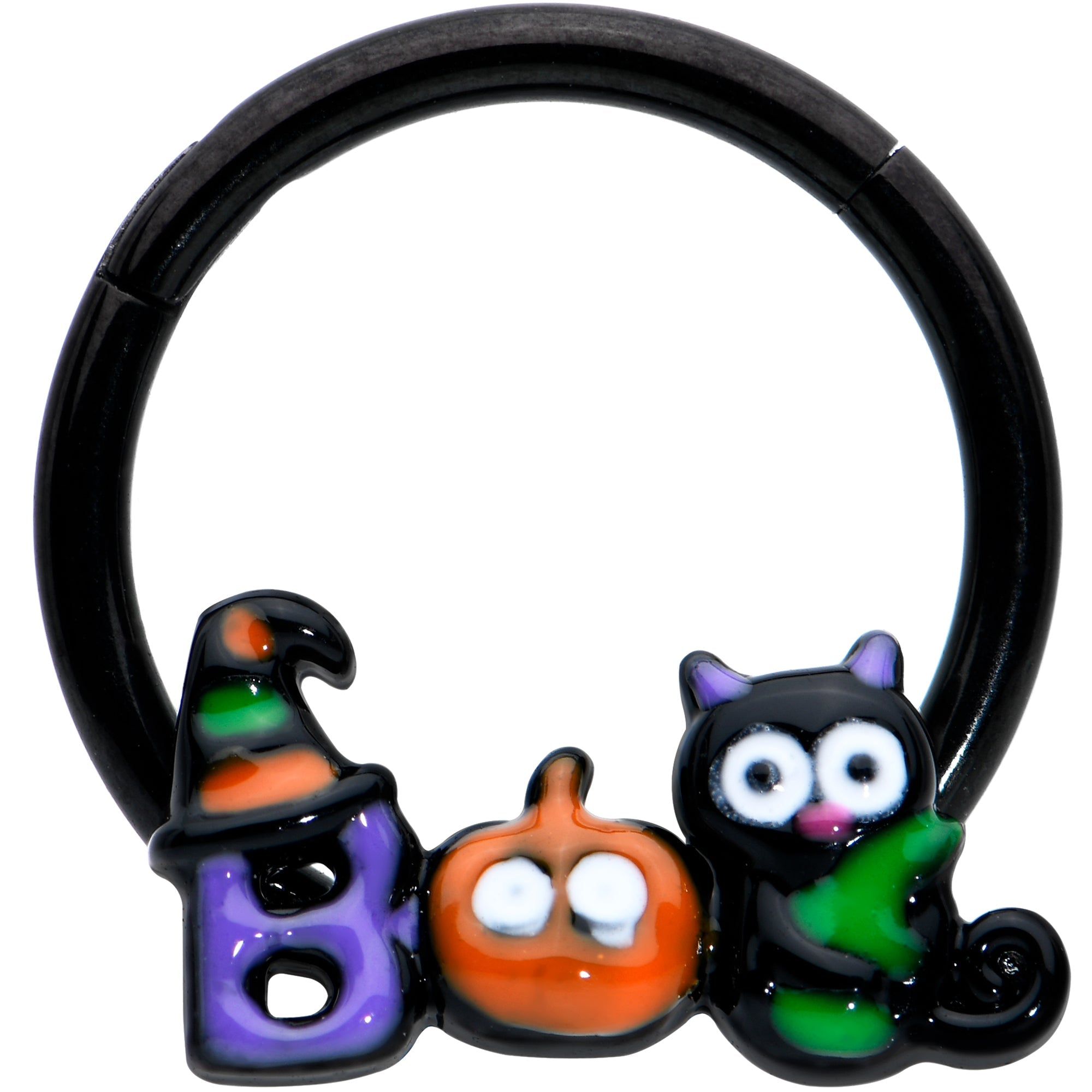 BodyCandy 16G 3/8 Black Boo Party Halloween Hinged Segment Ring — main product shot