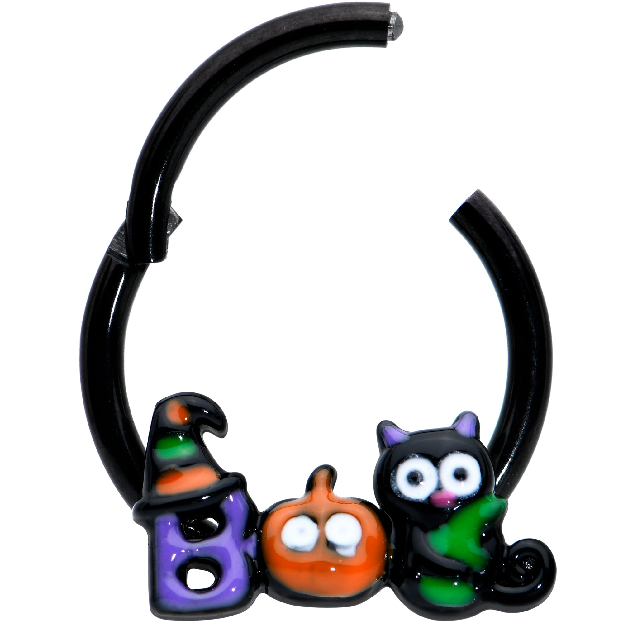 BodyCandy 16G 3/8 Black Boo Party Halloween Hinged Segment Ring — detail close-up
