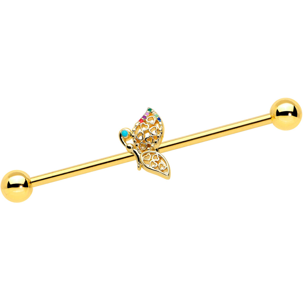 BodyCandy 14G Gold Tone Colorful Hearts Butterfly Industrial Barbell 38mm — main product shot
