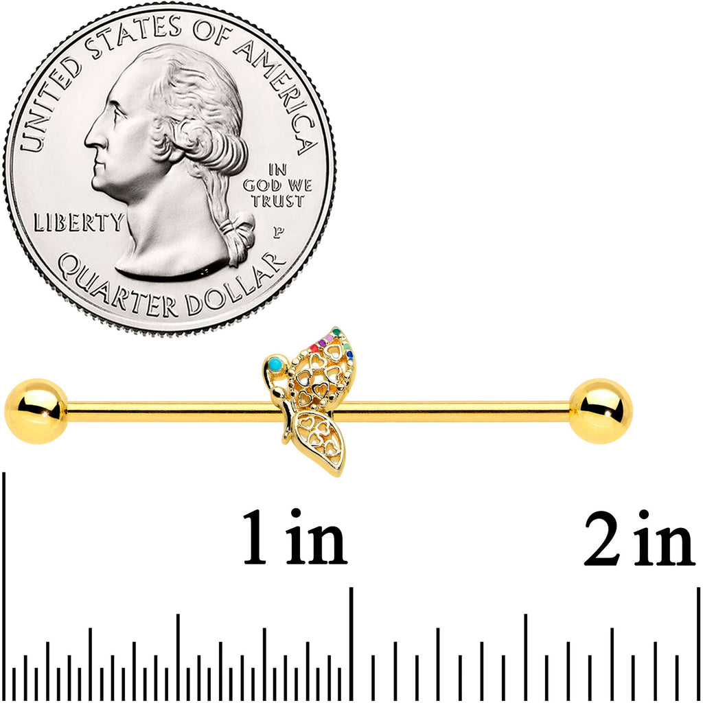 BodyCandy 14G Gold Tone Colorful Hearts Butterfly Industrial Barbell 38mm — detail close-up