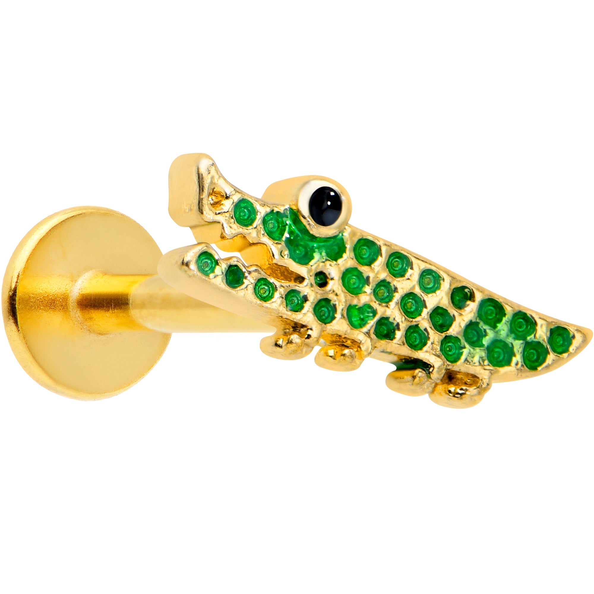 BodyCandy 16G 5/16 Gold Tone Green Hungry Alligator Labret Monroe Tragus — main product shot