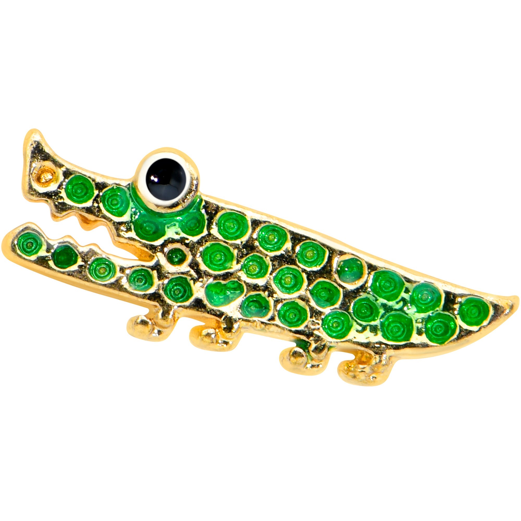 BodyCandy 16G 5/16 Gold Tone Green Hungry Alligator Labret Monroe Tragus — detail close-up