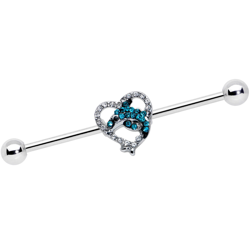 BodyCandy 14G Clear Blue Gem Dolphin Heart Industrial Barbell 38mm — main product shot
