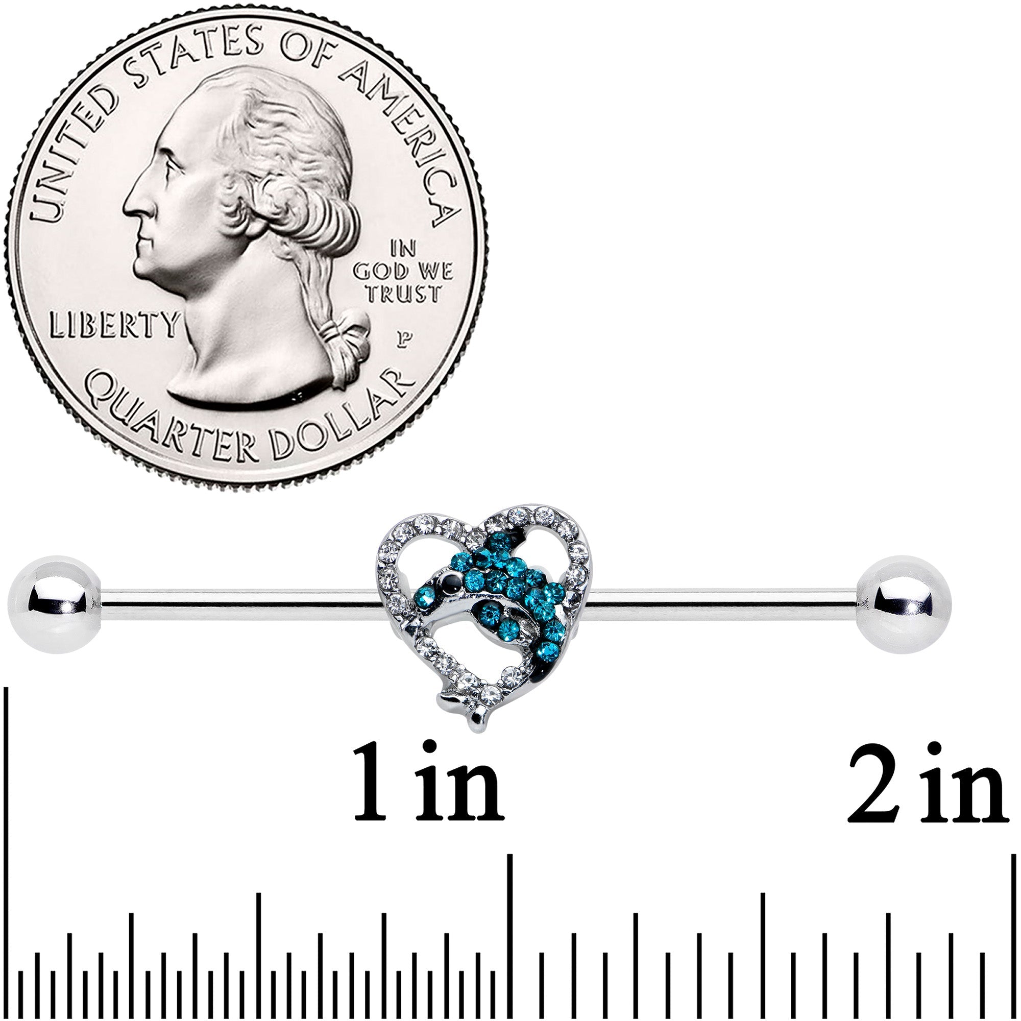 BodyCandy 14G Clear Blue Gem Dolphin Heart Industrial Barbell 38mm — detail close-up