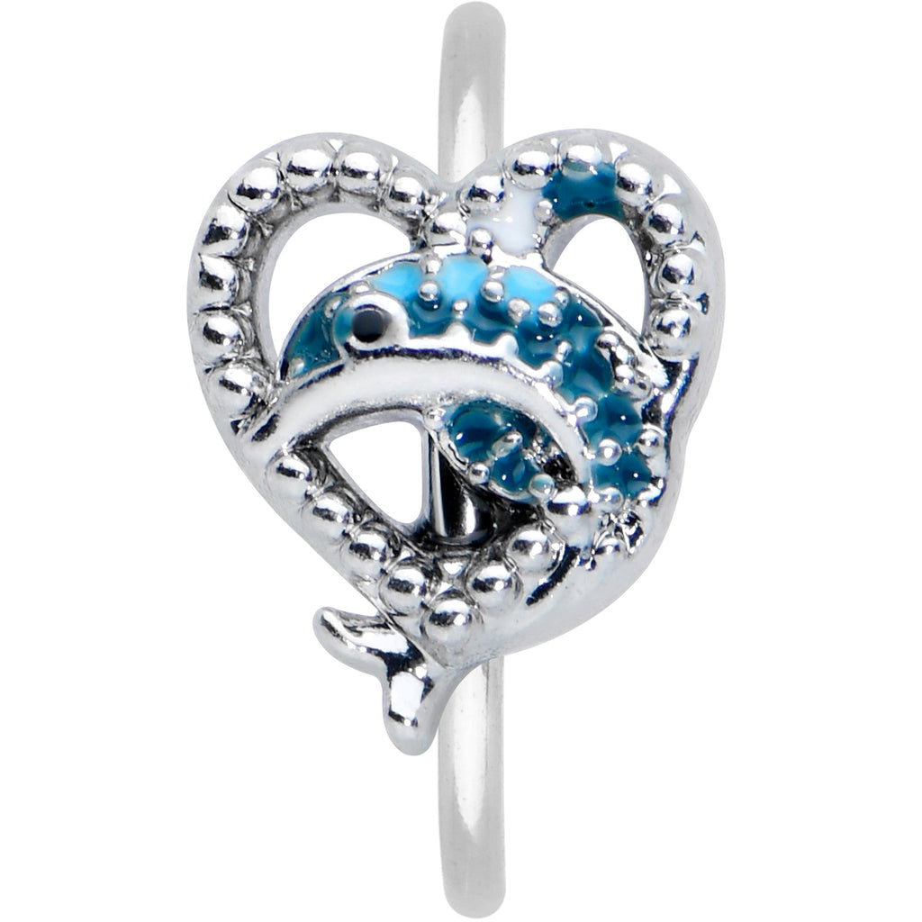 BodyCandy 20G 5/16 Textured Blue Dolphin Heart Nose Hoop — detail close-up