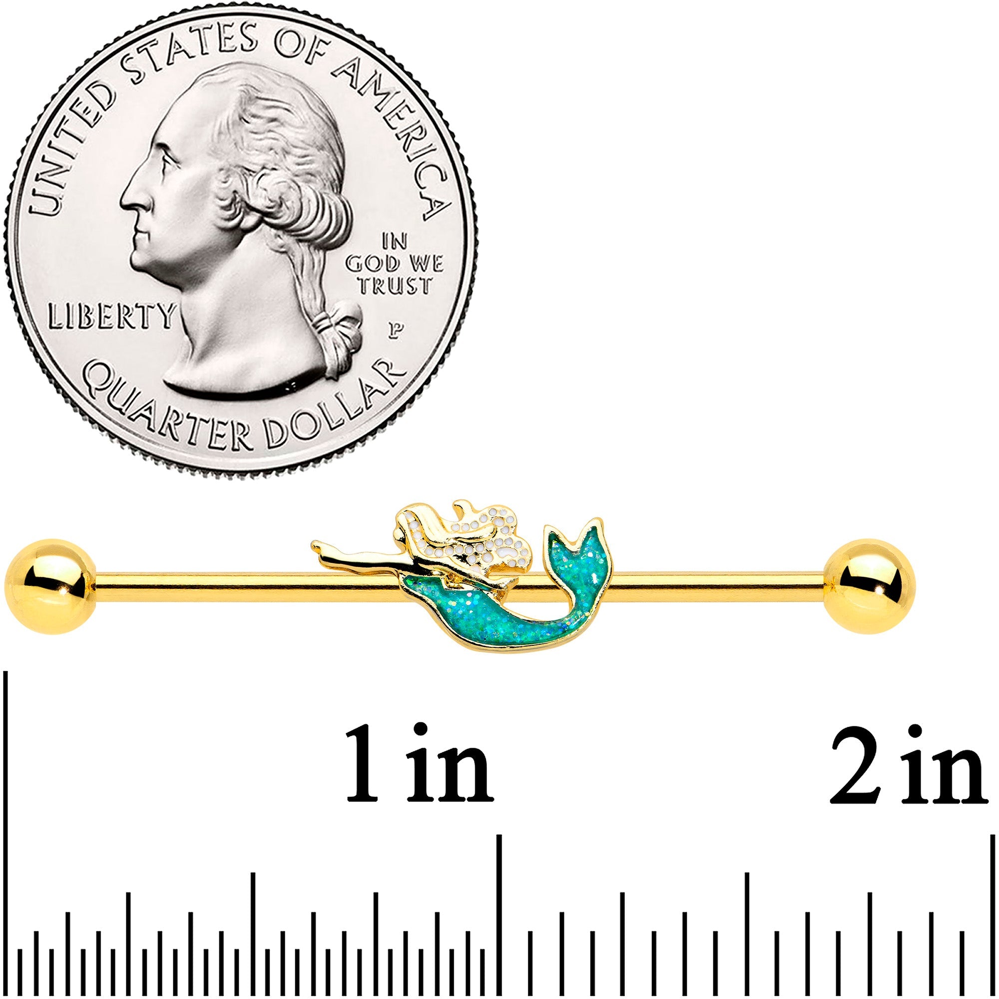 BodyCandy 14G Green Faux Opal Gold Hue Tone Mermaid Industrial Barbell 38mm — detail close-up