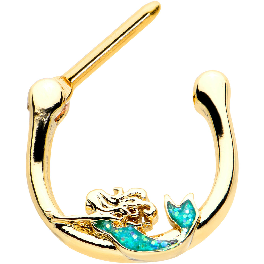 BodyCandy 16G 5/16 Green Faux Opal Gold Hue Curvy Mermaid Cartilage Clicker — detail close-up