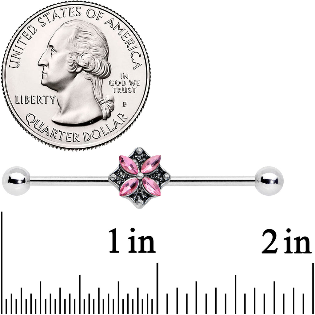 BodyCandy 14G Pink Gem Rhombus Flower Industrial Barbell 38mm — detail close-up
