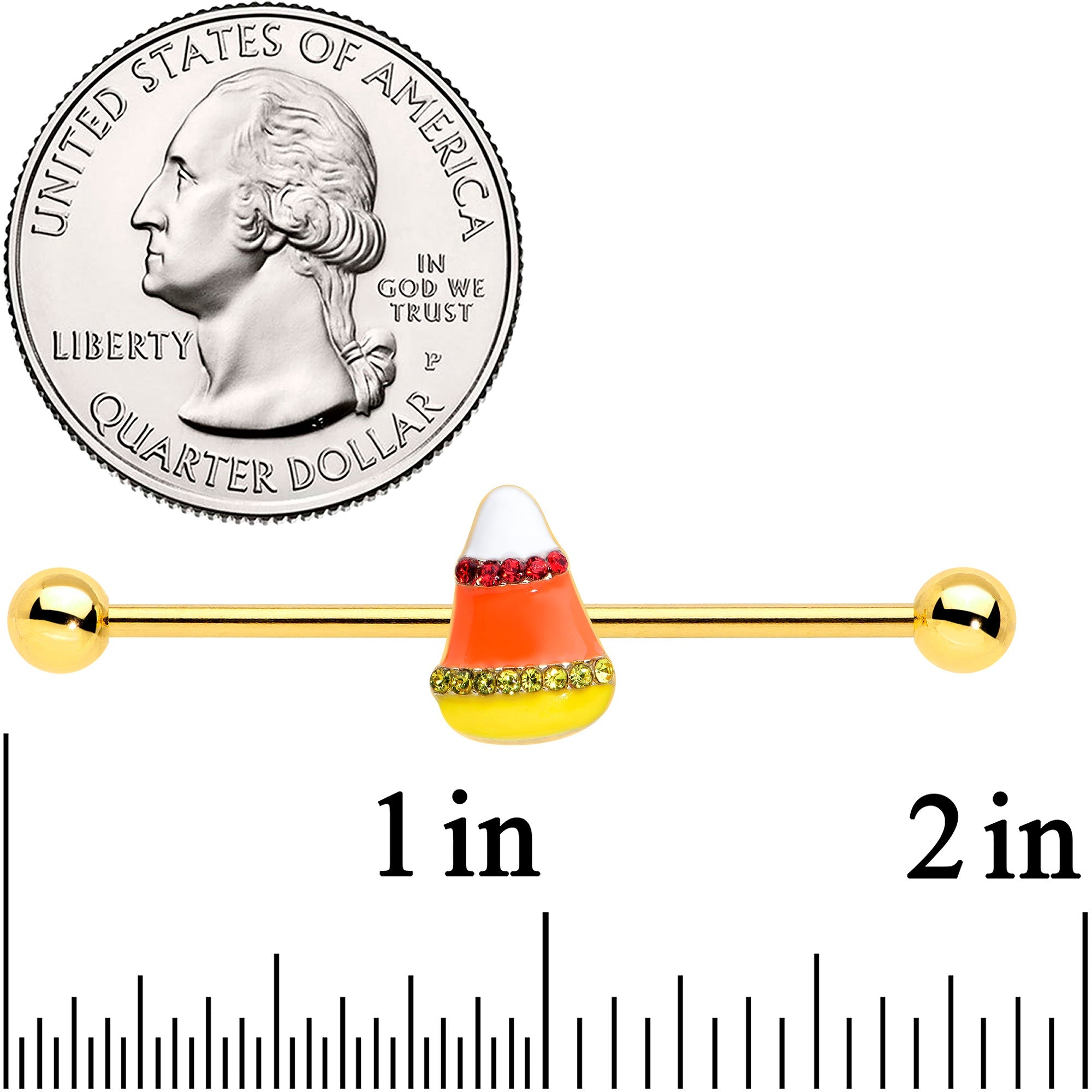 BodyCandy 14G Gold Tone Candy Corn Halloween Industrial Barbell 38mm — detail close-up