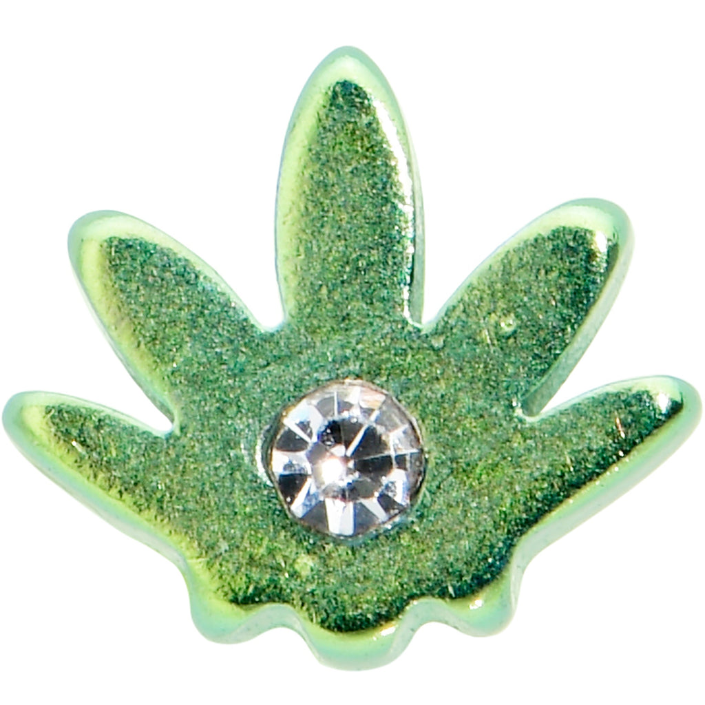BodyCandy 20G 1/4 Clear CZ Gem Green Simple Pot Leaf L Shape Nose Ring — detail close-up