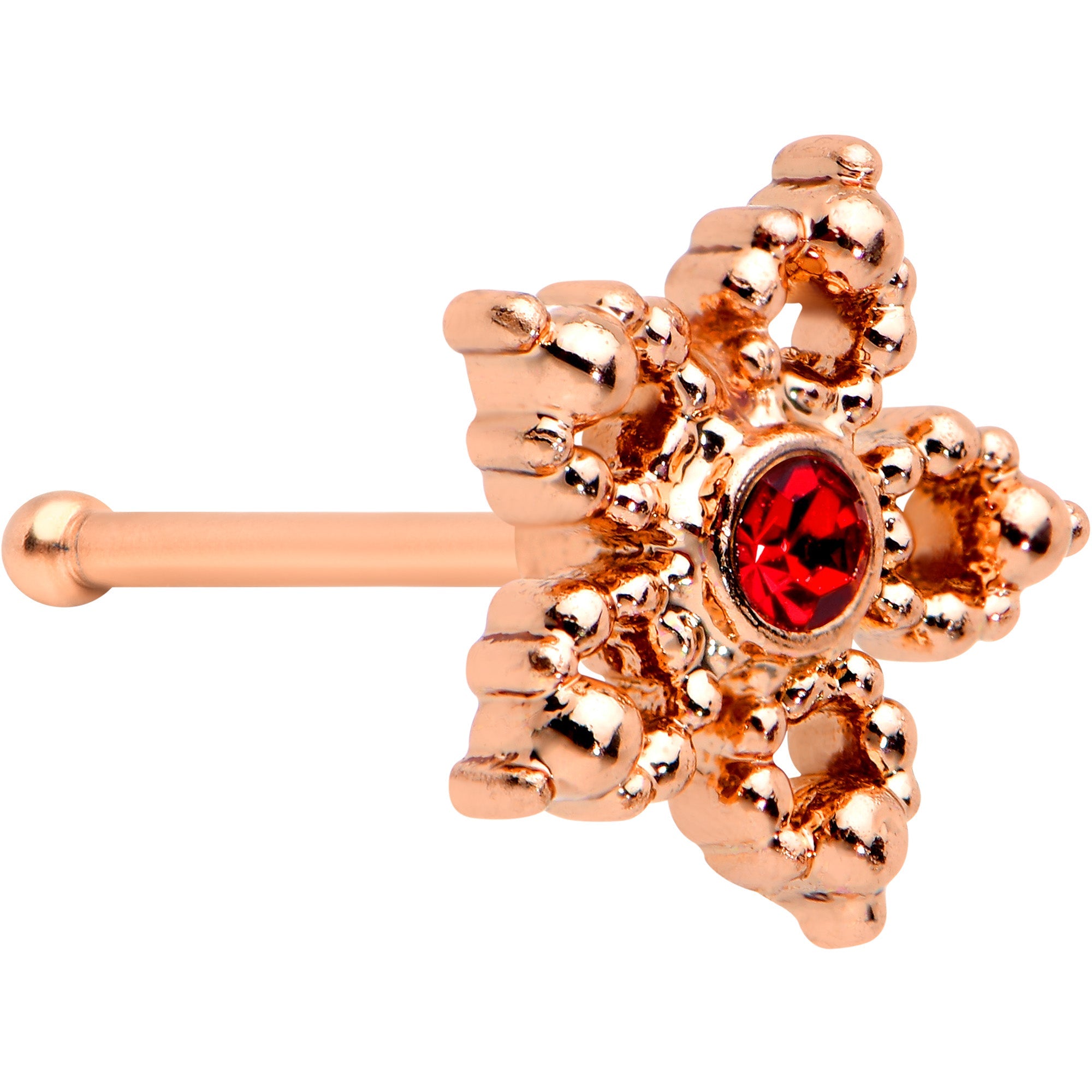 BodyCandy 20G 1/4 Red Gem Rose Gold Tone Textured Snowflake Nose Bone — main product shot