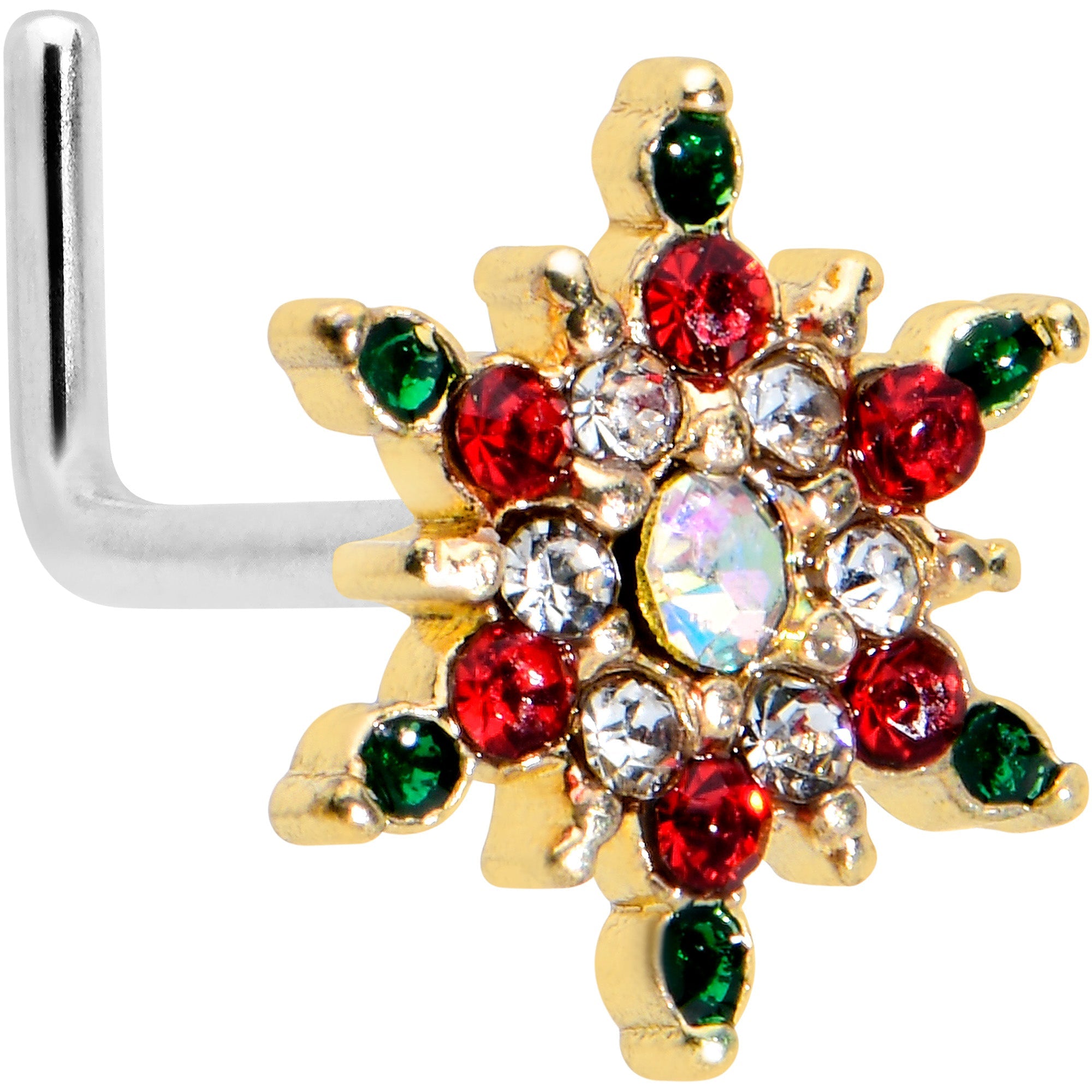 BodyCandy 20G 7mm Aurora Gem Gold Tone Christmas Star L Shape Nose Ring — main product shot