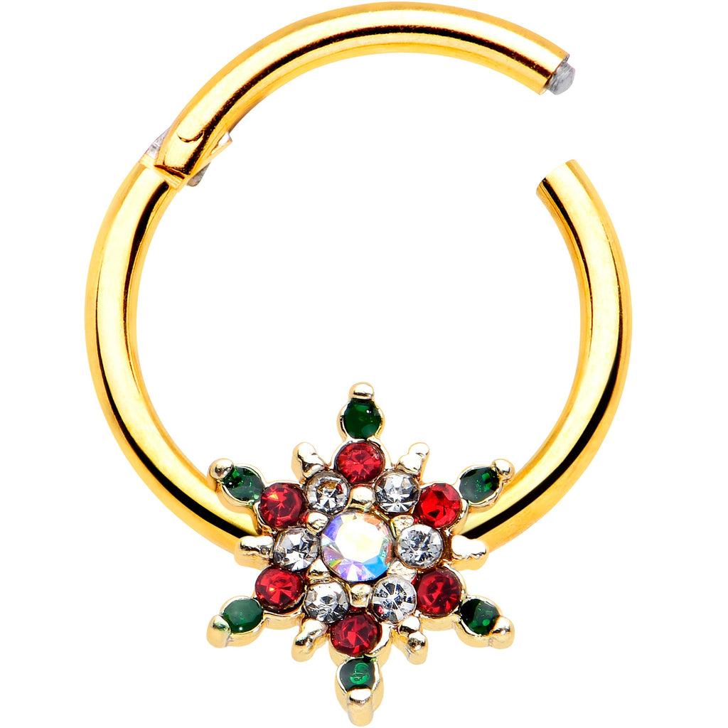 BodyCandy 16G 3/8 Aurora Gem Gold Tone Christmas Star Hinged Segment Ring — detail close-up