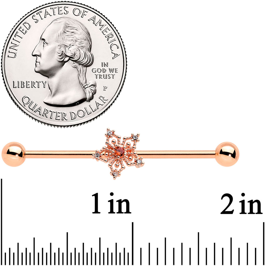 BodyCandy 14G Red Gem Rosy Tone Texture Snowflake Industrial Barbell 38mm — detail close-up